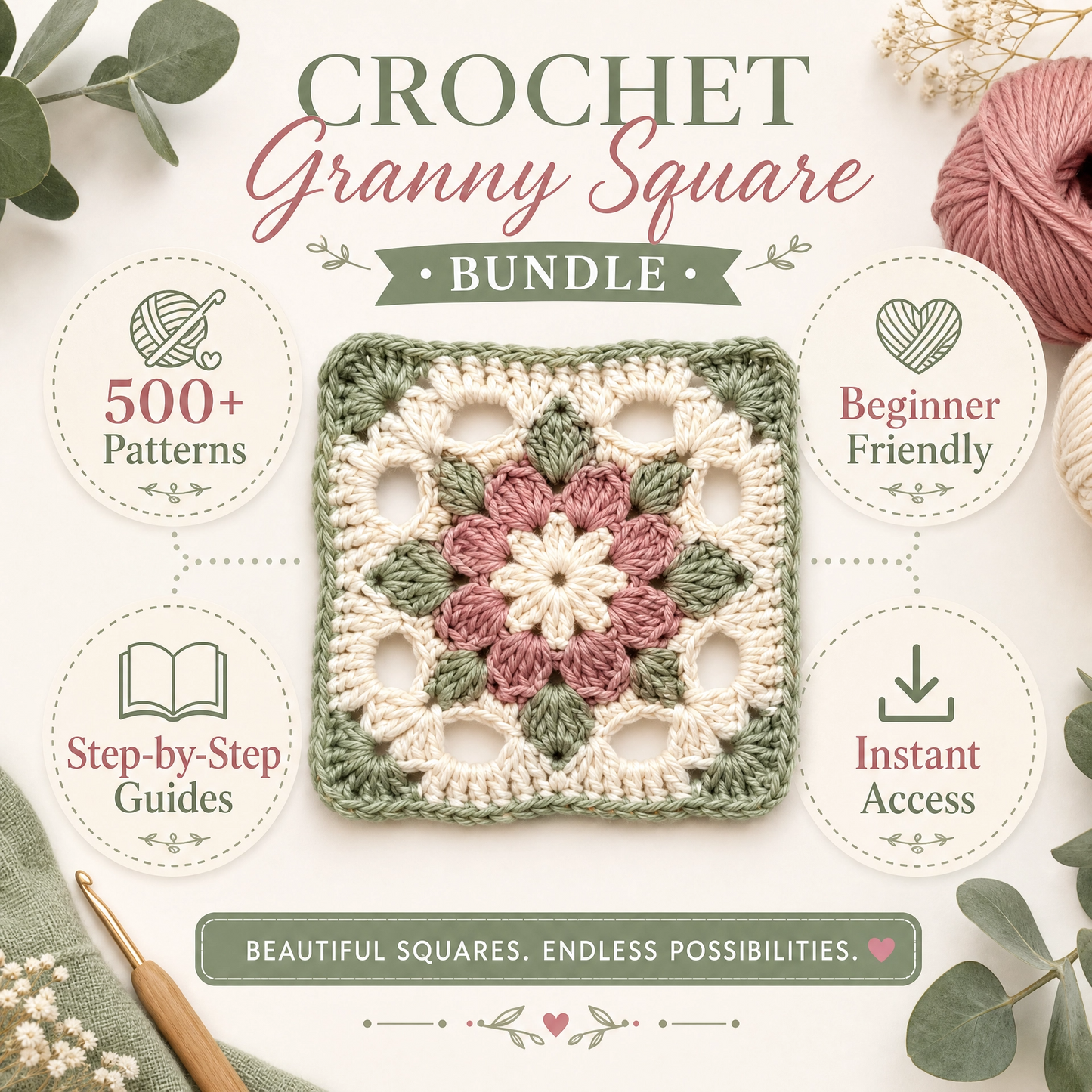 500+ Ultimate Granny Square Crochet Pattern Bundle | Mega Digital Download | Instant PDF | Beginner Friendly Afghan Blanket Motifs