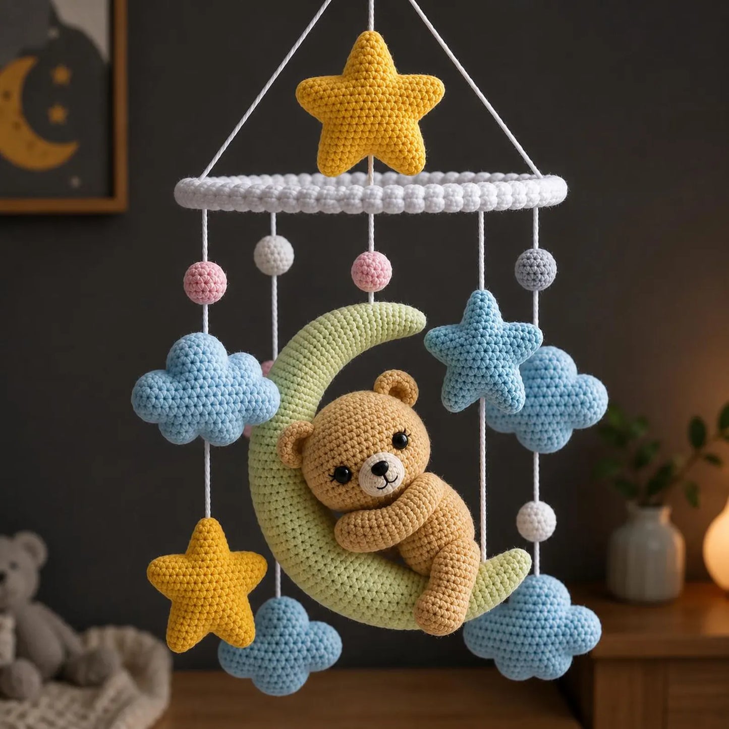 Crochet Baby Crib Mobile Pattern PDF, Amigurumi Bear Moon Mobile, Nursery Cloud Star Hanging Decor Tutorial