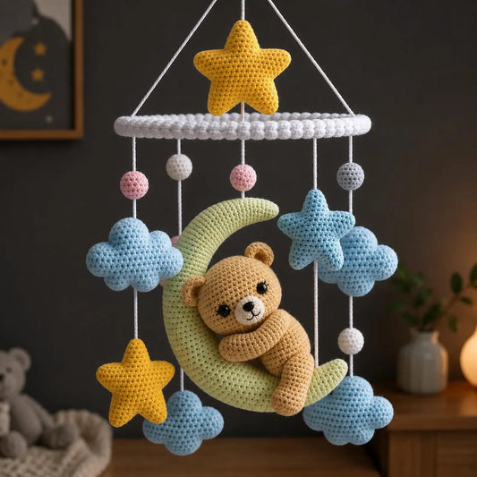 Crochet Baby Crib Mobile Pattern PDF, Amigurumi Bear Moon Mobile, Nursery Cloud Star Hanging Decor Tutorial