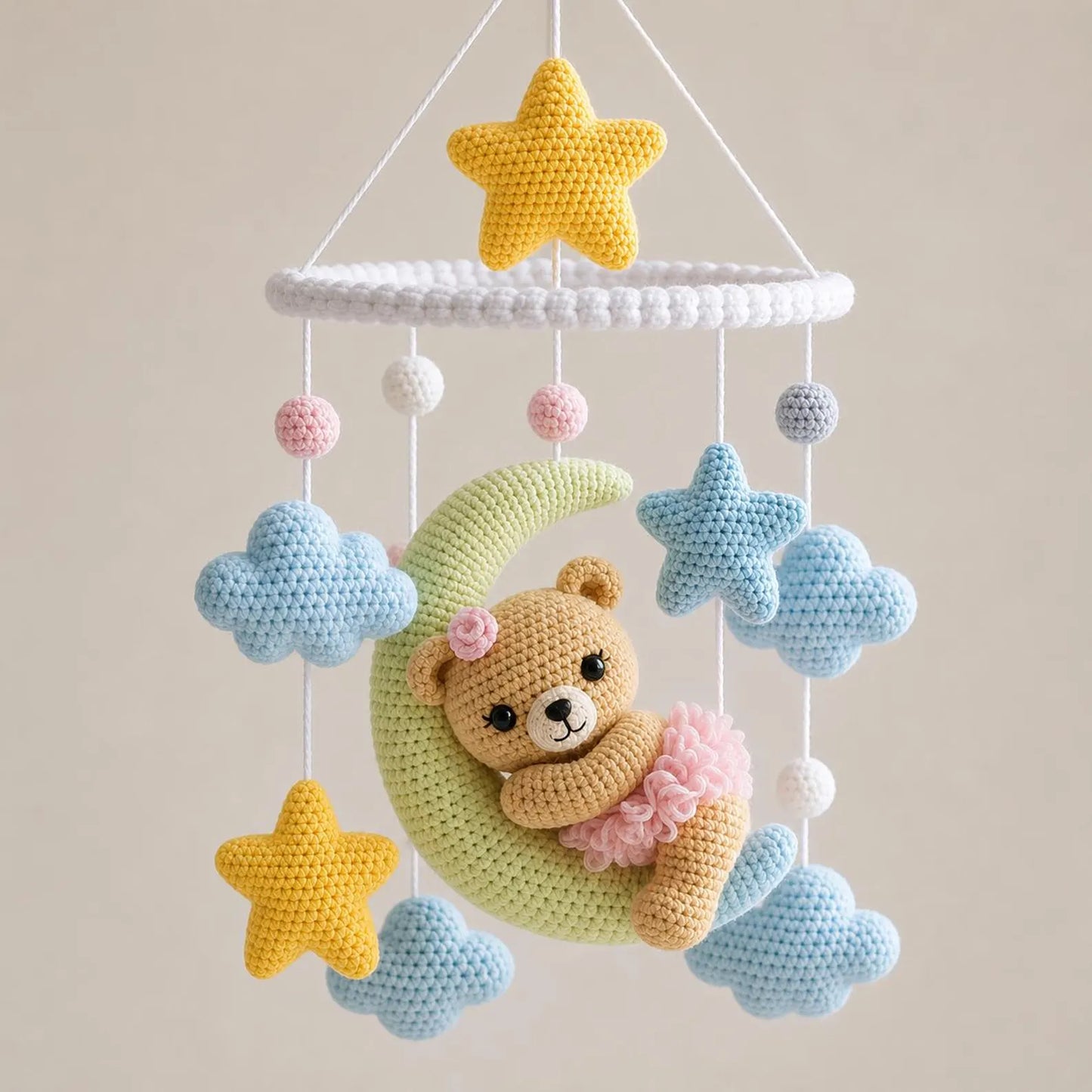 Crochet Baby Crib Mobile Pattern PDF, Amigurumi Bear Moon Mobile, Nursery Cloud Star Hanging Decor Tutorial
