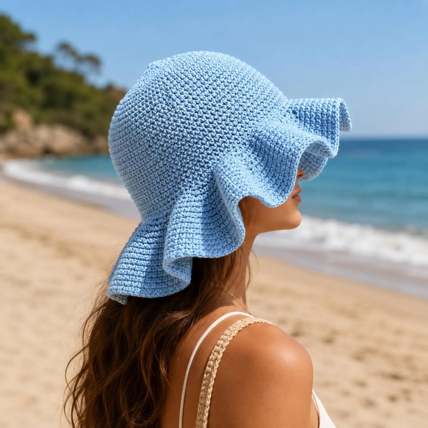 Crochet Sun Hat Pattern PDF, Ruffle Bucket Hat Crochet Pattern, Wide Brim Summer Hat, Boho Beach Hat Tutorial, Handmade Sun Bonnet