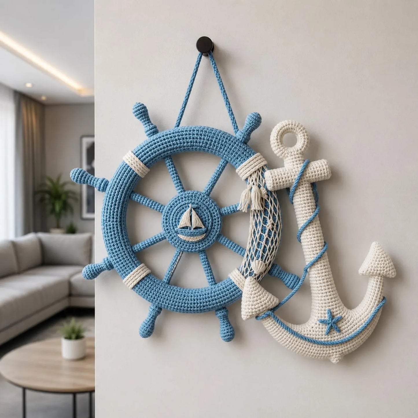 Nautical Crochet Wall Decor Pattern PDF, Anchor and Ship Wheel Amigurumi Pattern, Coastal Crochet Wall Hanging, Ocean Nursery Decor, Marine